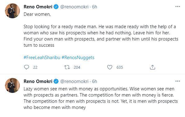 "Lazy women see men with money as their bank" - Reno Omokri 