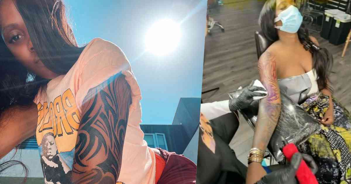 "No 1 African bad girl" - Reactions as Tiwa Savage gets full sleeve tattoo (Video)