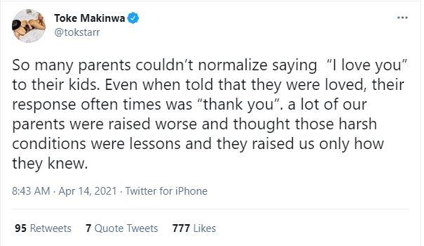 "Most parents can't say 'I love you' because they were raised worse" - Toke Makinwa