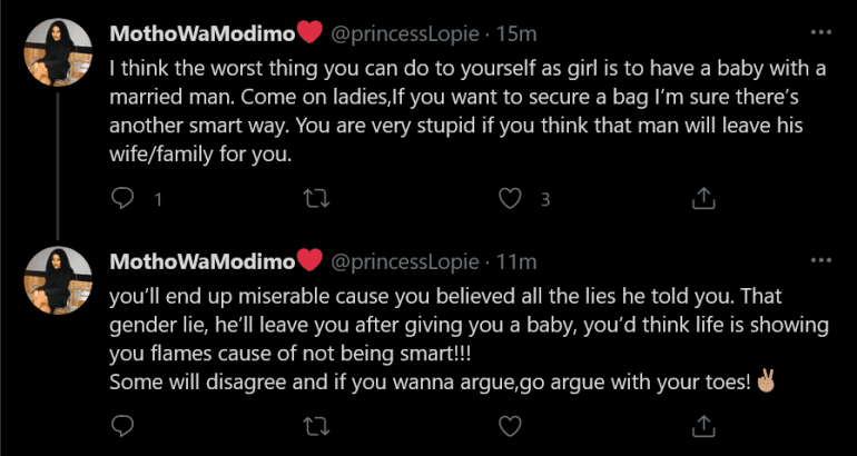 "Never have a child for a married man, it's stupid to think he'd leave his family for you" - Lady