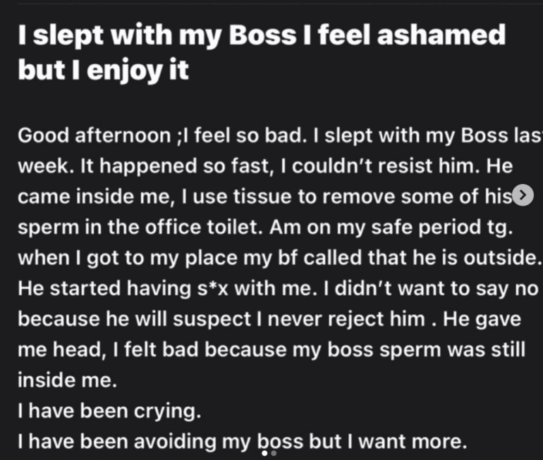 "I'm ashamed for sleeping with my boss even though I want more" - Lady seeks advise