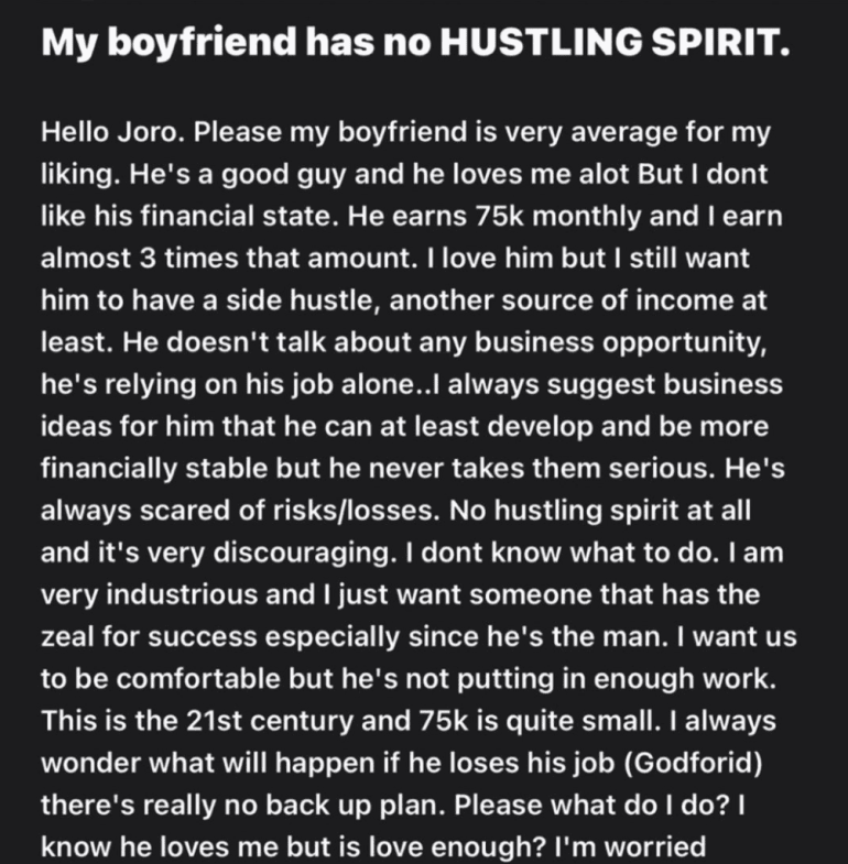 "My boyfriend has zero hustling spirit, relies on salary" - Lady earning 3X more than her man notes