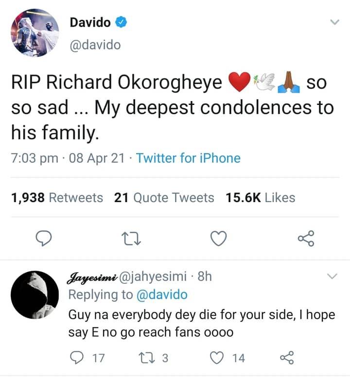 "Everyone is dying around you, hope it won't get to fans" - Troll attacks Davido