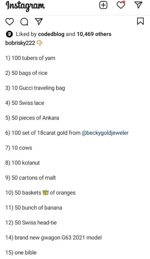 "10 cows; who die?" - Reactions as Bobrisky drops list of his bride price