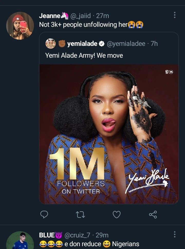 Yemi Alade followers decreased