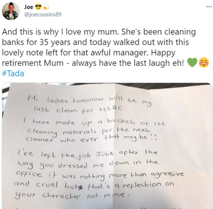 "Be kind, you are not better than the cleaner" - Woman resigns after 35 years as a bank cleaner