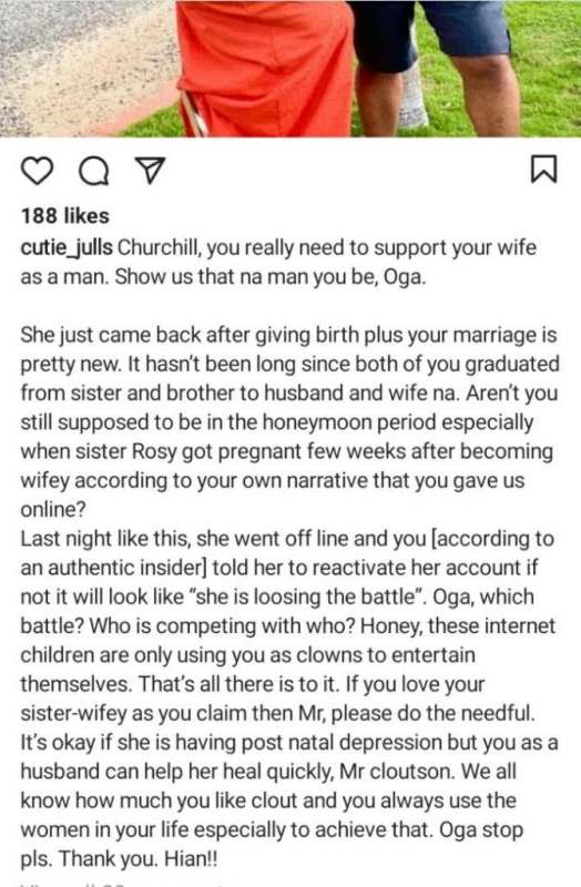 Churchill dragged for asking Rosy Meurer to reactivate Instagram as she's 'losing the battle'