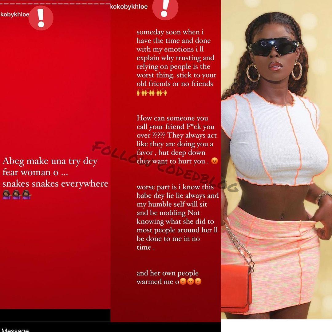 Women are snakes - BBNaija's Khloe rants after being betrayed by a close friend