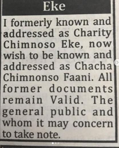 Chacha Eke change name
