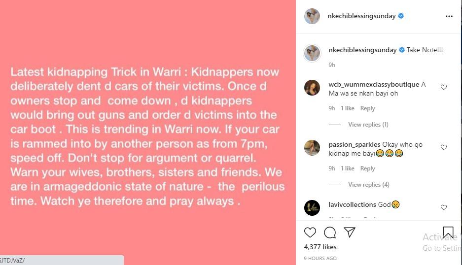 Nkechi Blessing warned kidnappers