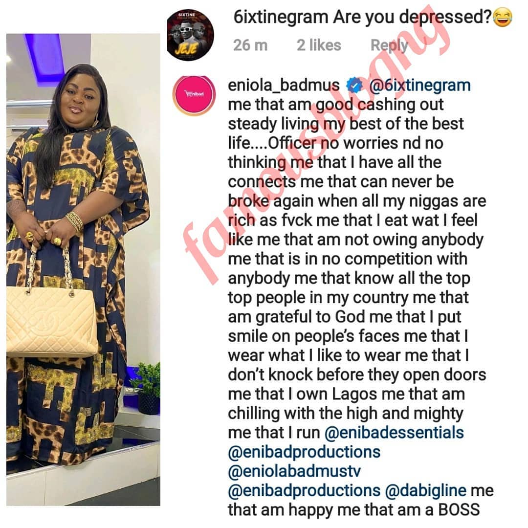 "I'm not in competition with anybody" - Actress, Eniola Badmus replies follower who asked if she's depressed