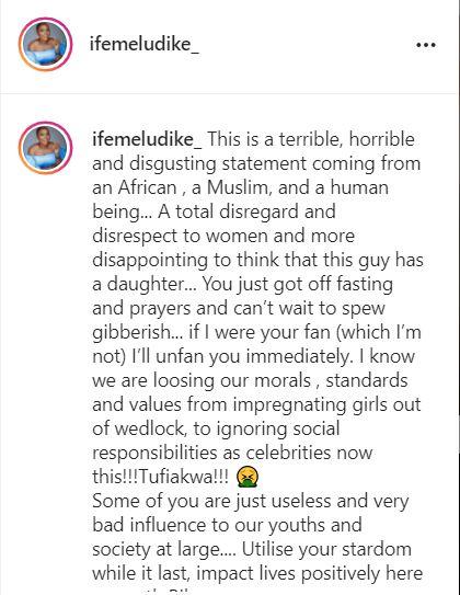 "This is disgusting, remember you have a daughter too" - Actress, Ifemeludike blasts Naira Marley