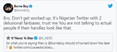 "Nigerian Twitter with 2 delusional fanbases" - Burna Boy shades Wizkid FC & Davido's fans