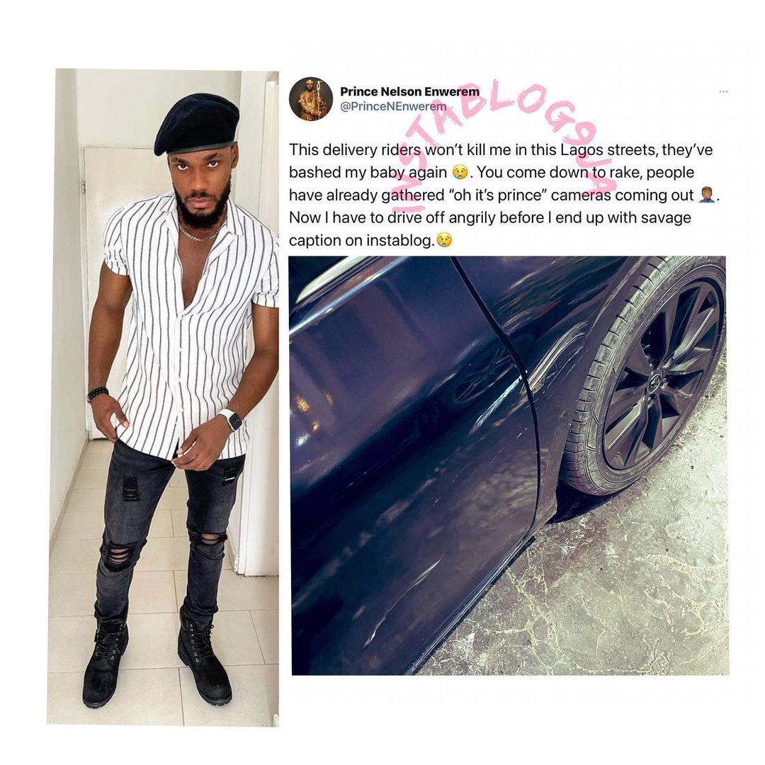 BBNaija's Prince voice out his frustrations as delivery riders bash his car