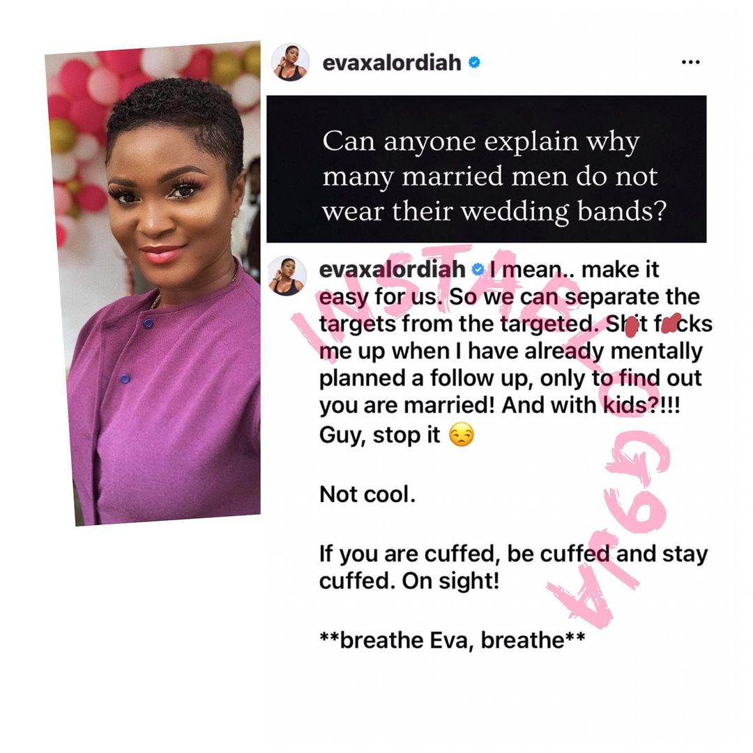 If you're cuffed, be cuffed - Ex-rapper, Eva Alordiah calls out married men who don’t wear their wedding bands