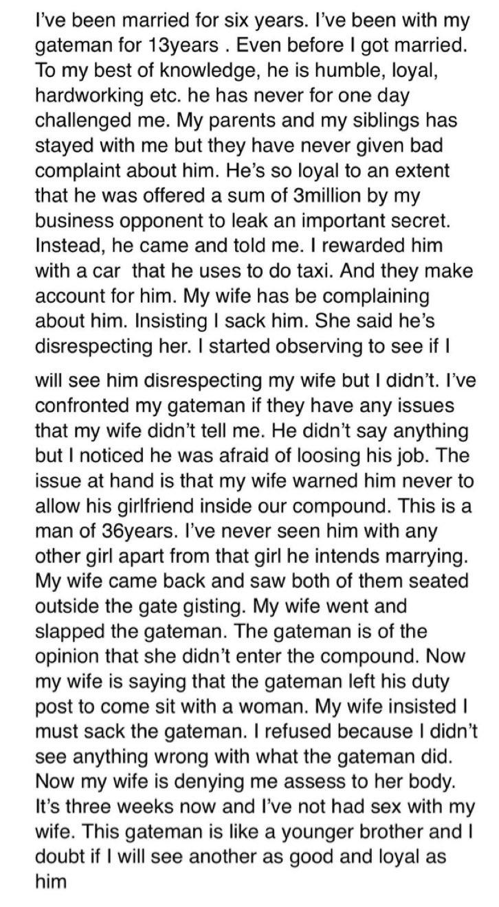 "My wife has refused to sleep with me because I refused to sack our gateman" - Man cries out 