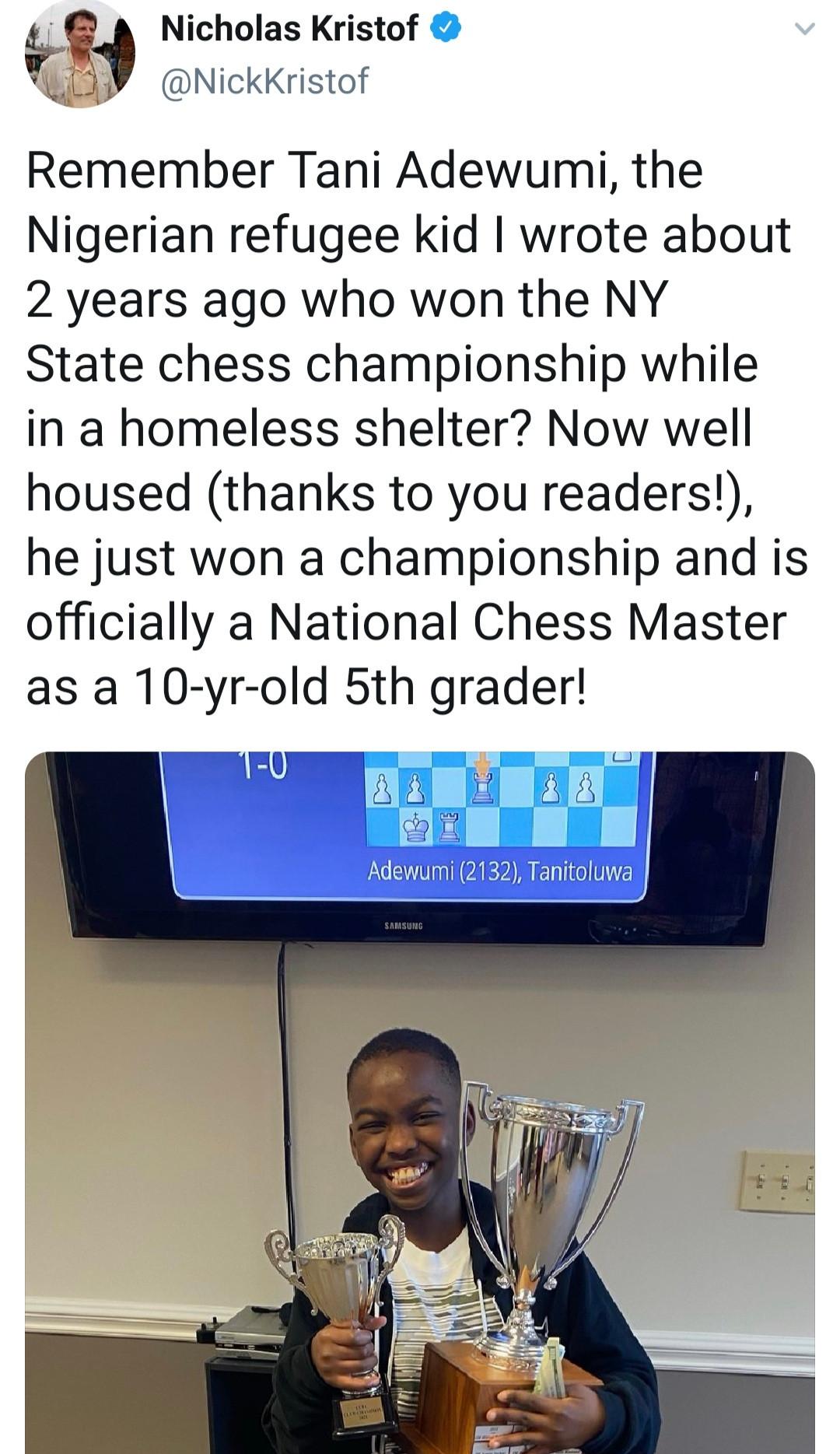 10-year old Nigerian refugee becomes US national chess master - Forum - The  Nation Newspaper Community