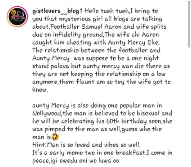 Mercy Eke destroyed footballer Aaron Samuel's marriage - IG blogger alleges