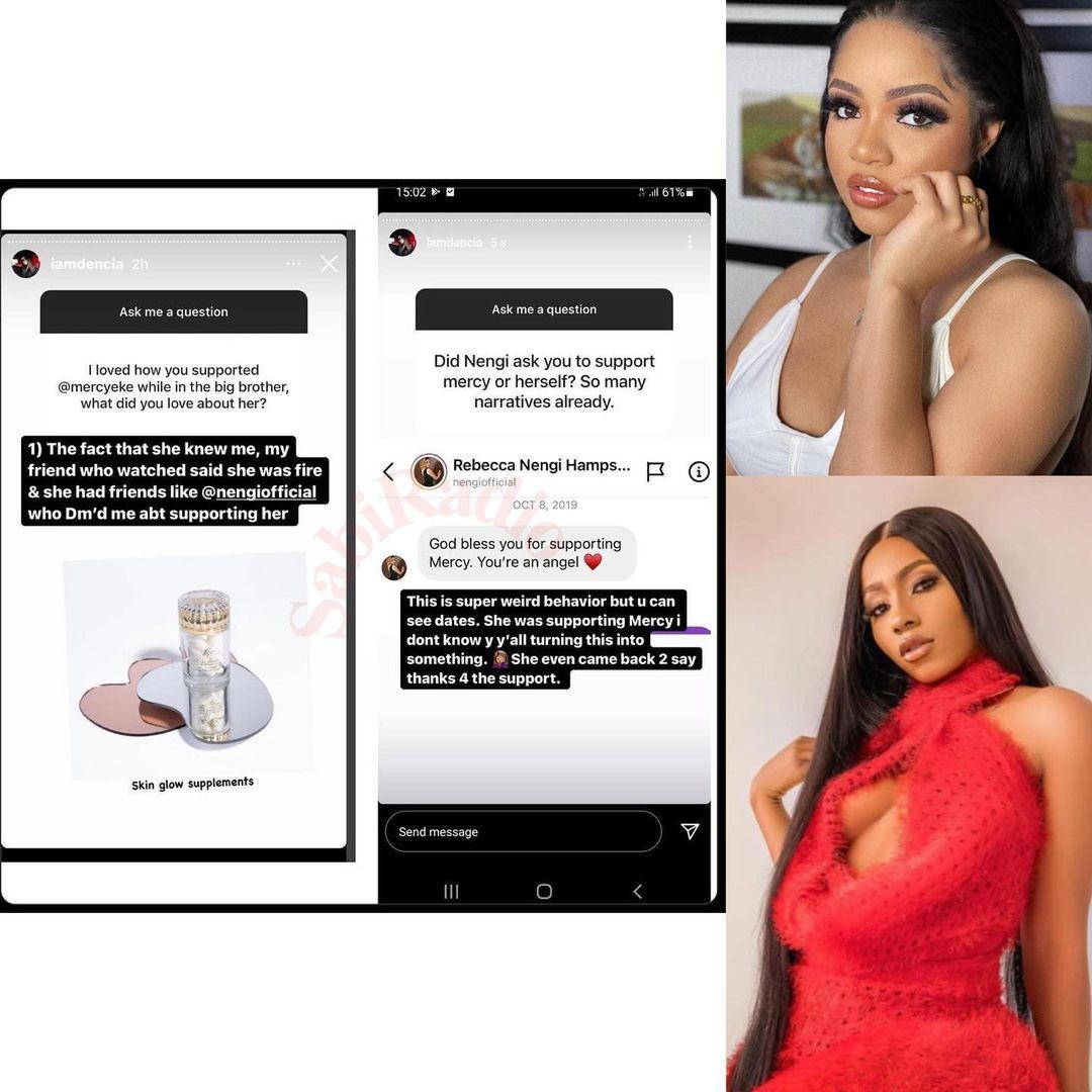 Nengi dmed me to support Mercy Eke during BBNaija 'Pepper Dem' - Singer Dencia