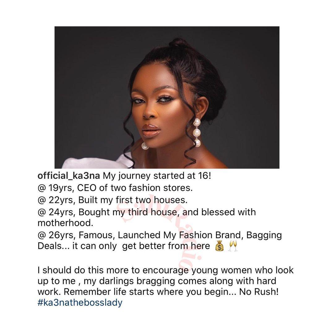 I built two houses at 22years old — BBNaija's Ka3na brags in new post