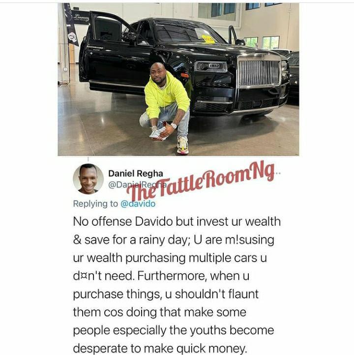 "You're misusing your wealth & making youths desperate" - Fan slams Davido for flaunting new car