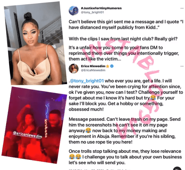 "Get a life, I'll never rate you" - Erica slams troll that attacked her for clubbing with Kiddwaya