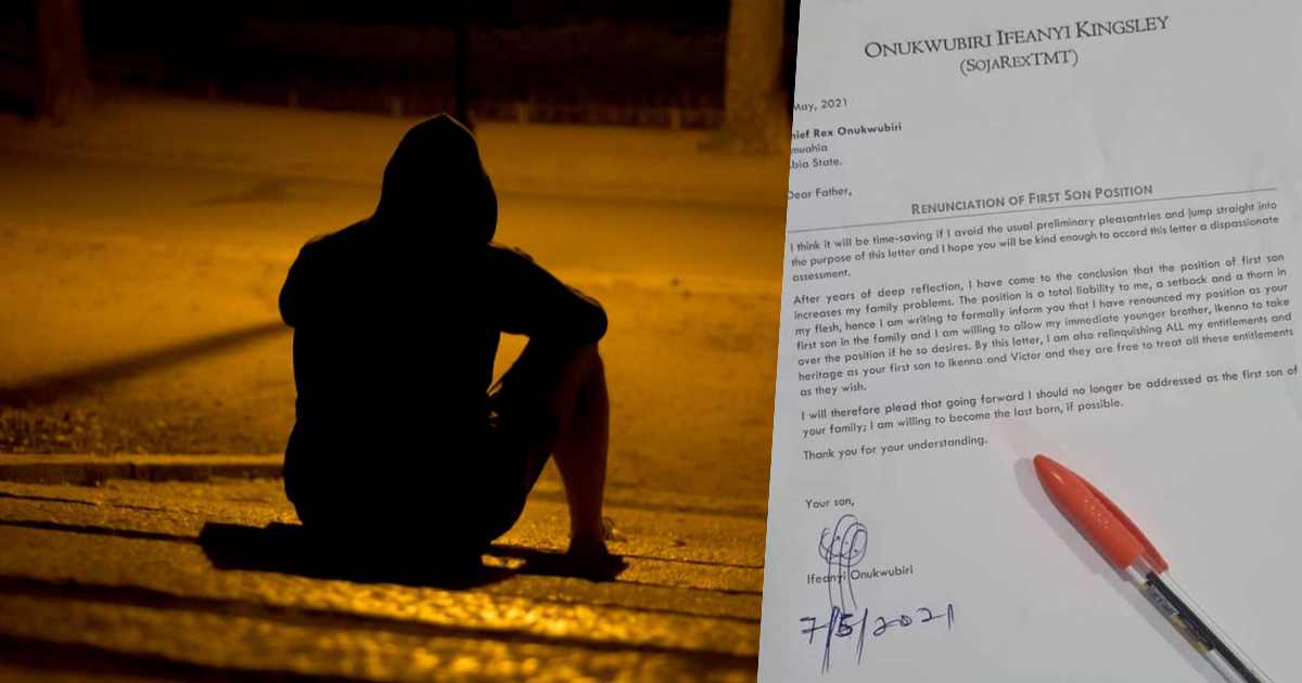Man pens letter to family as he gives up his position as the first son