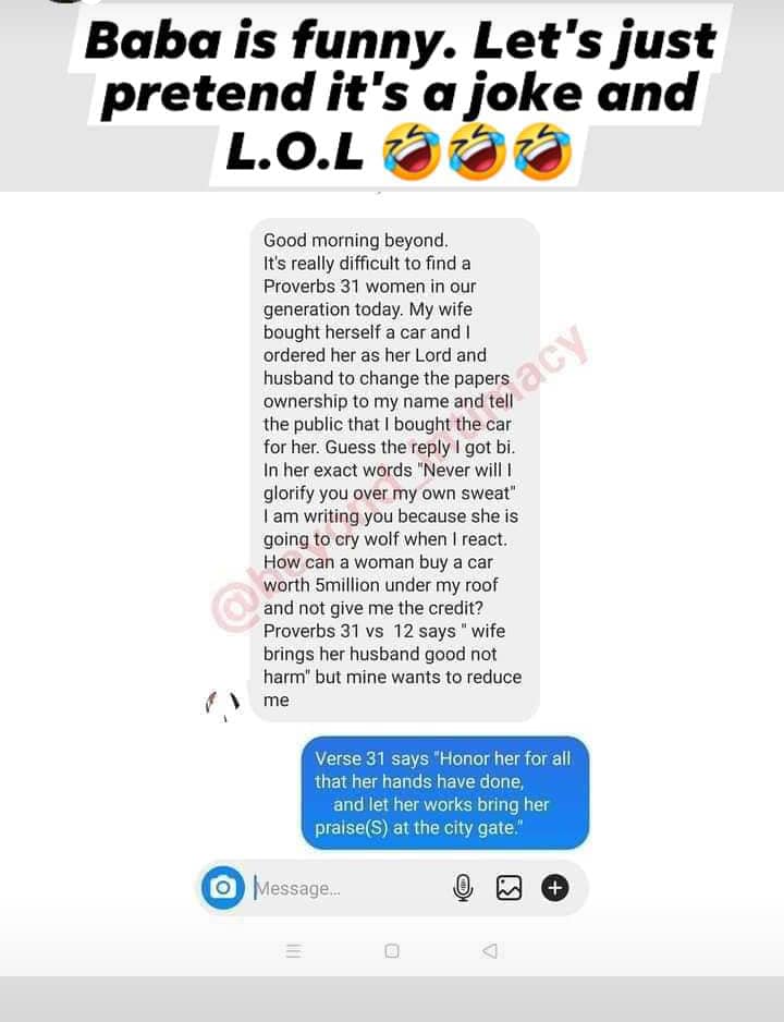 Man threatens to descend heavily on wife over refusal to register her car in his name