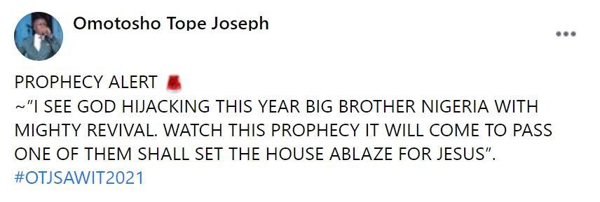 “A housemate will set the house ablaze for Jesus” – Pastor declares prophecy for this year's BBNaija
