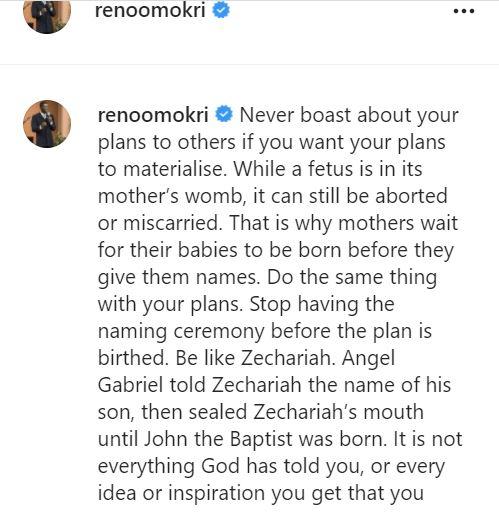 "Never boast about your plans to others if you wish to succeed in life" - Reno Omokri