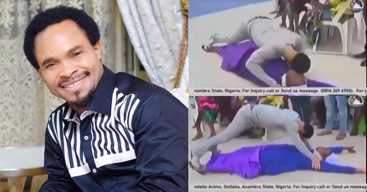 Pastor Odumeje performs deliverance in 'questionable position' on a woman, Nigerians react (Video)