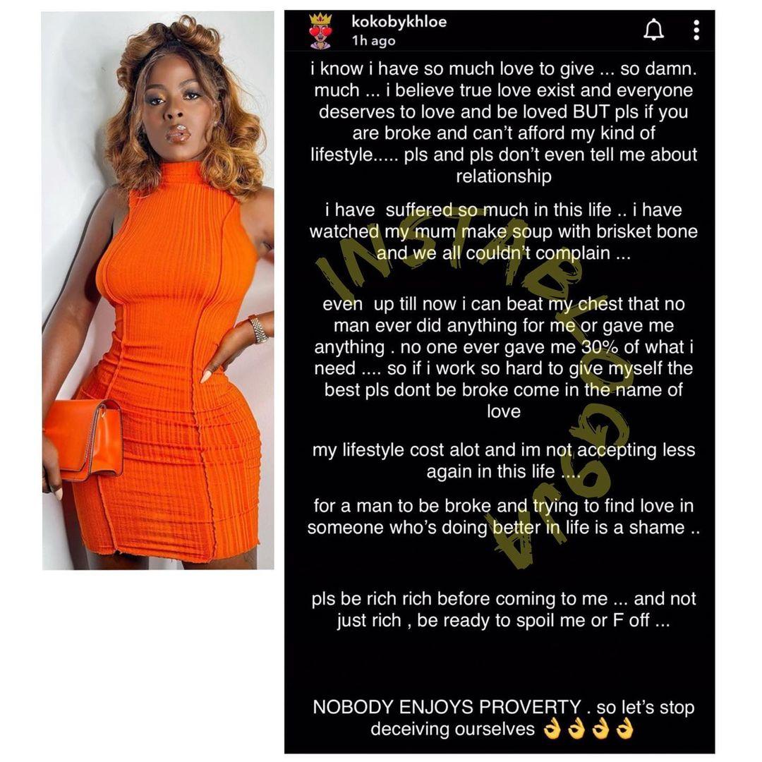 If you can't afford my lifestyle, don't tell me about relationship - BBN star, Khloe rants