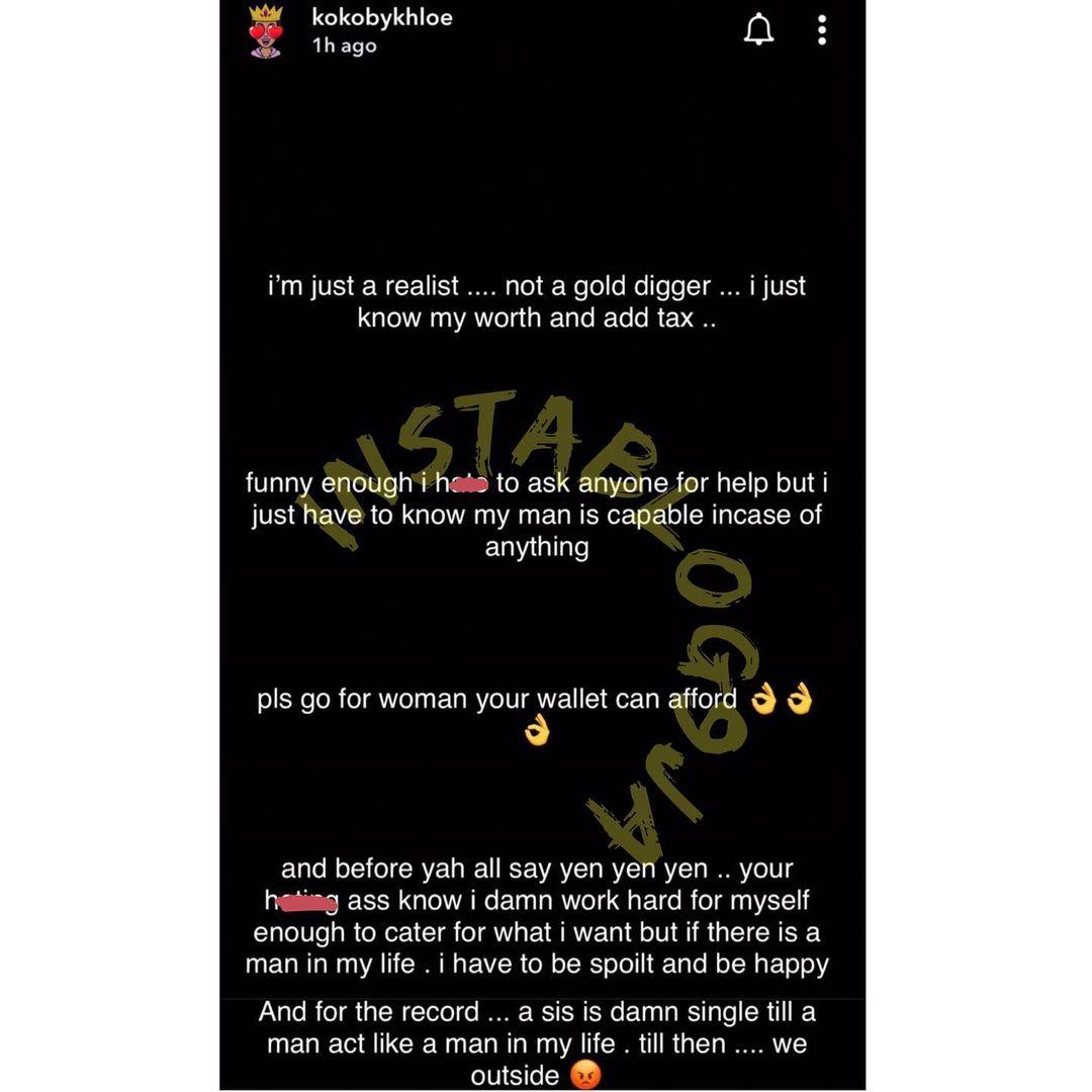 If you can't afford my lifestyle, don't tell me about relationship - BBN star, Khloe rants