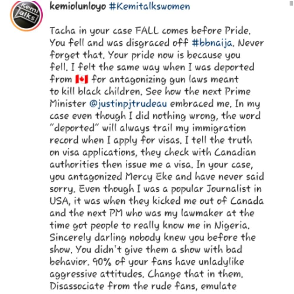 "Don’t ever berate BBNaija" - Journalist Kemi Olunloyo tells Tacha