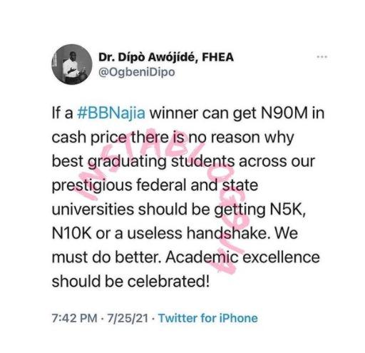 Dipo BBNaija graduating N90m