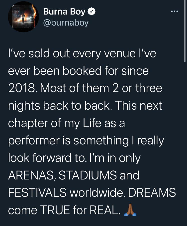 "I've sold out every venue I've ever been booked for since 2018" - Burna Boy counts his blessings