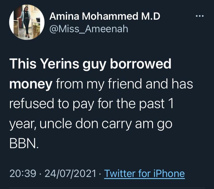 BBNaija Season 6 housemate, Yerins called out for refusing to pay back loan of N1M