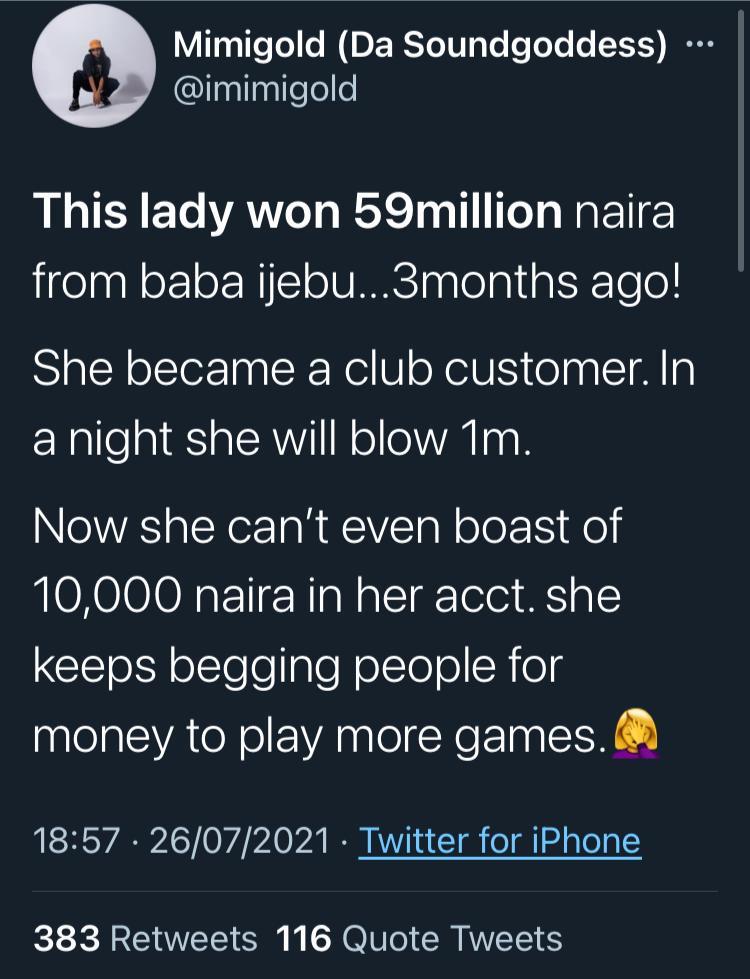 Lady goes broke after three months of winning lottery of N59M