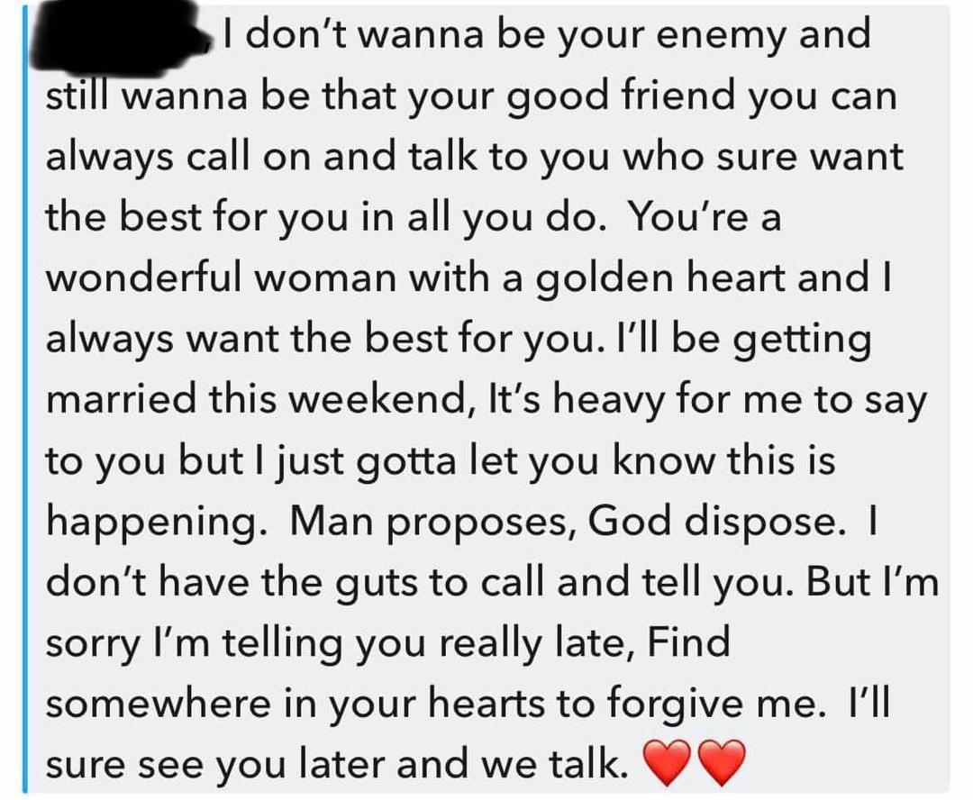 Man pens note to girlfriend informing her of his wedding to another woman