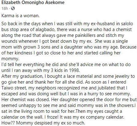 Lady narrates how woman she took as a mother got visited by karma after marrying the abusive ex-husband she advised her to leave
