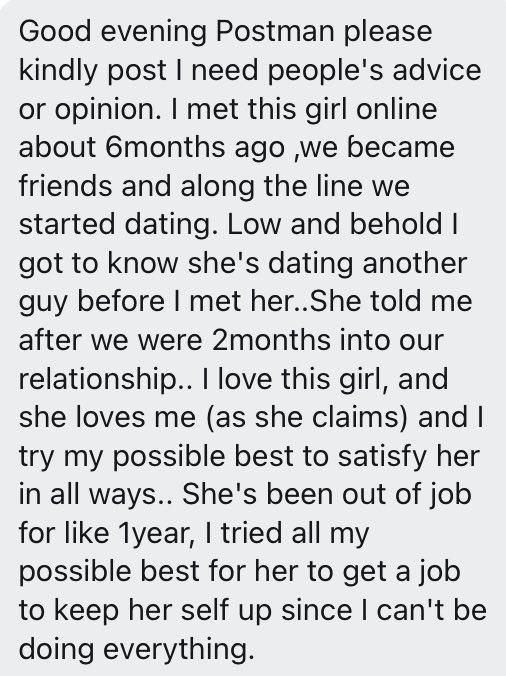 Man seeks advice after he discovered his girlfriend is dating another man