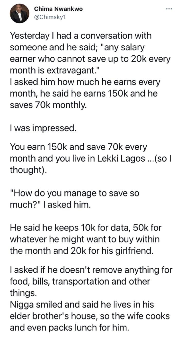 Man narrates encounter with boy who said any salary earner that can't save up to 20k monthly is extravagant