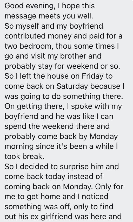 "My boyfriend brought his ex to spend the night in our apartment" - Lady laments