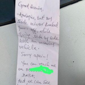 Man in shock over the note he found on his car's windscreen after his side-mirror was knocked off