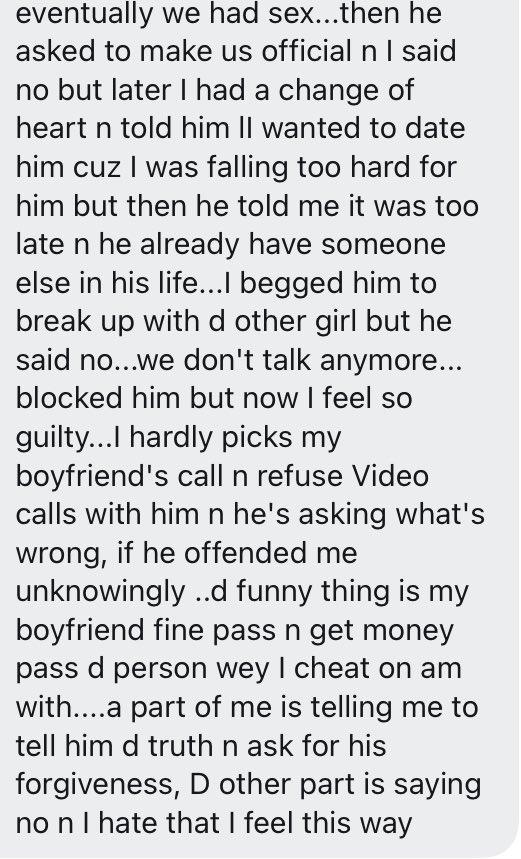 Lady who cheated on her boyfriend seeks advice after she got dumped