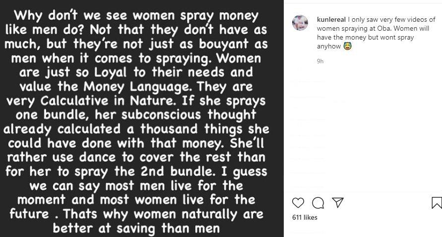 "I only saw very few women spraying money at Oba" - Man reveals why women don't lavish money