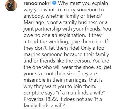 "Only a fool marries someone because their family & friends like the person" - Omokri