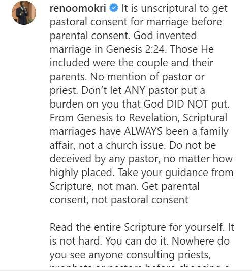 "Marriage is a family affair, not a church issue; don't let any pastor pressure you" - Reno Omokri