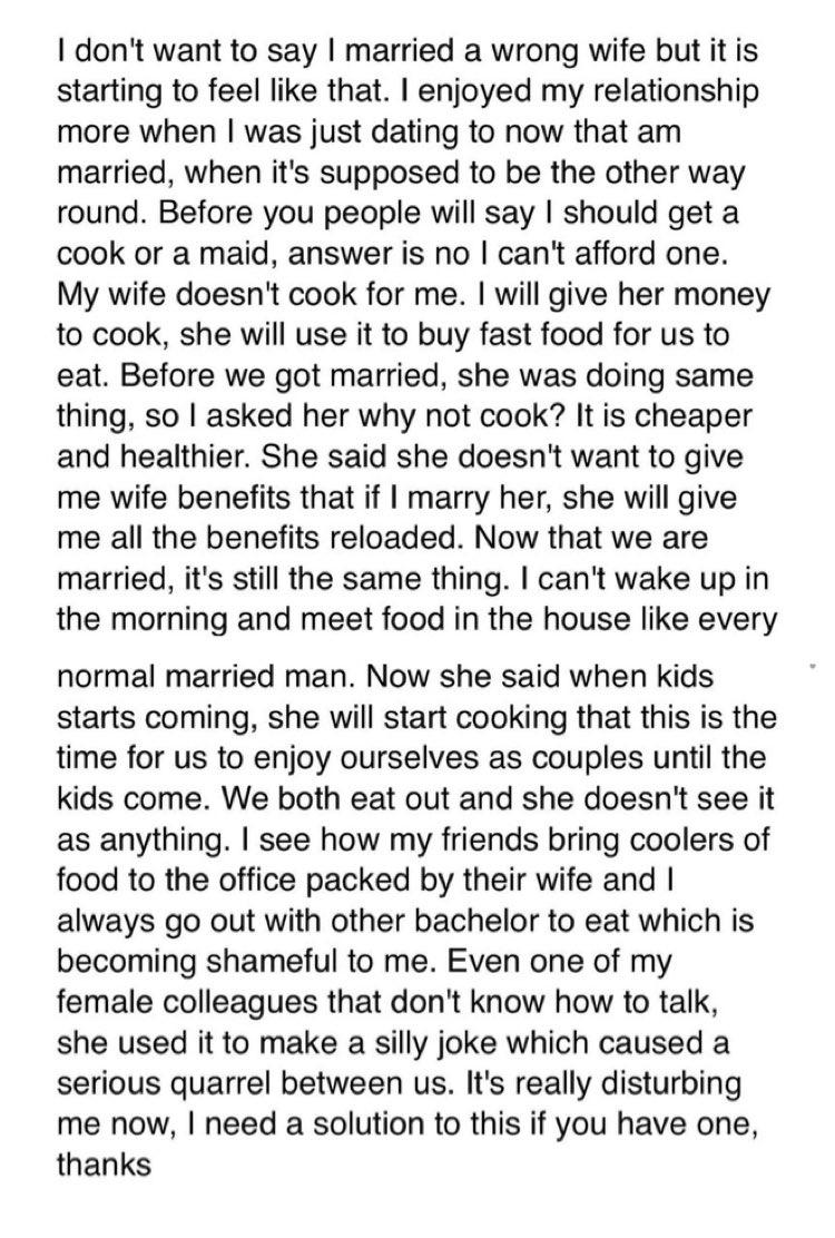 "My wife doesn't cook for me she uses the money to buy fast food instead" - Man laments