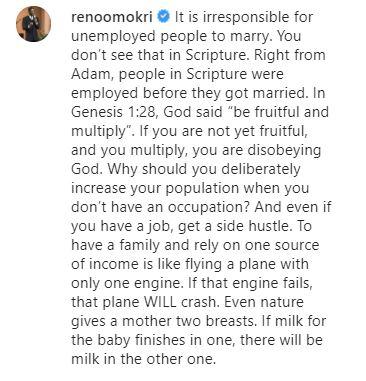 "It is irresponsible for unemployed people to marry by depending on family's support" - Reno Omokri 